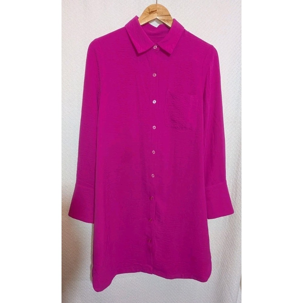 DKNY Womens SHirt Dress Tunic Sz 6 Hot Pink Button Front Long Sleeve